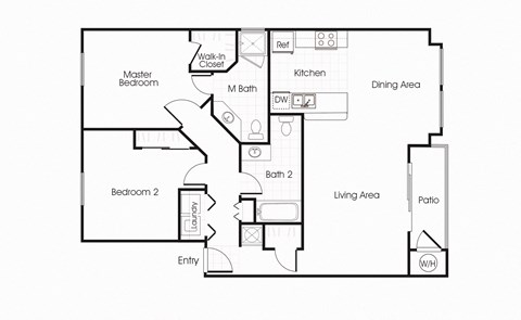 B1 floorplan two bedrooms two bathrooms at Bella Vista Apartments